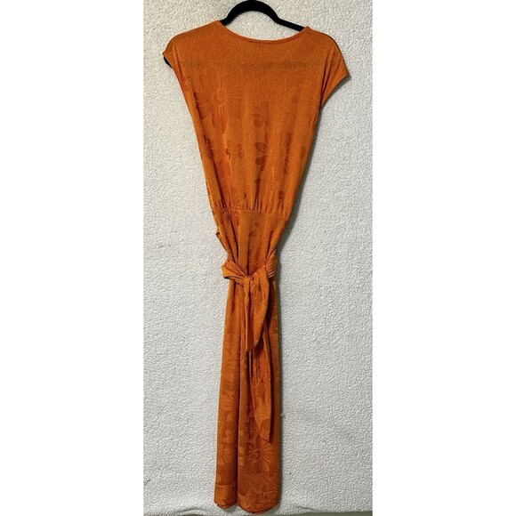 Zara Orange Floral Cap Sleeve Tie‎ Waist Stretch Midi Dress Sz M - Picture 9 of 16